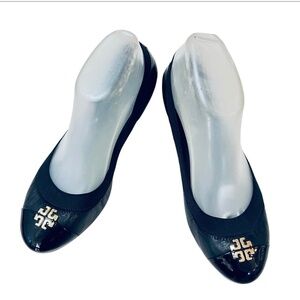Tory Burch Black Wedges w/ Gold Logo Size 8.5M